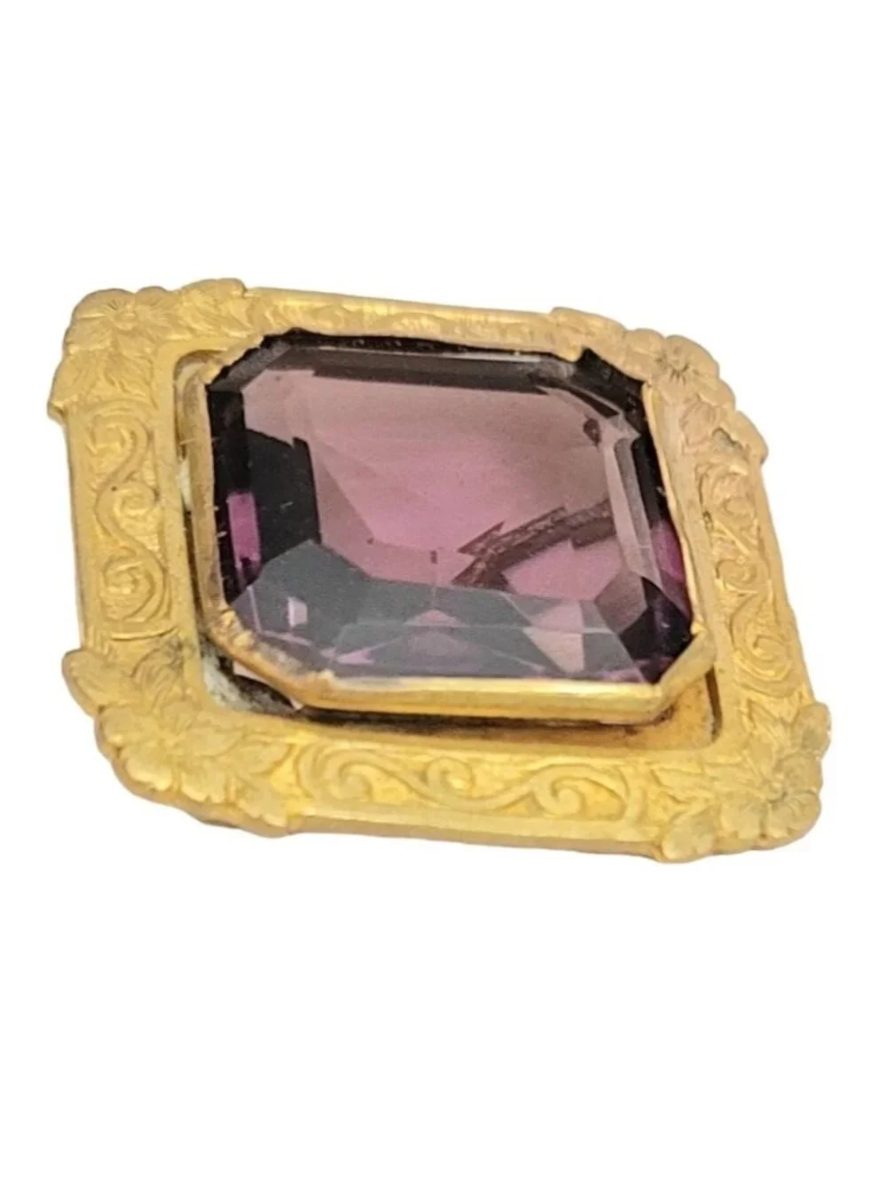 Gold Tone Square Nouveau Style Purple Faceted Prong Glass Pin M264